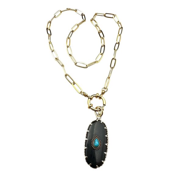 Black Onyx Turquoise Gemstone Pendant Necklace 18K Gold Plated Chain 17 Inch - Picture 2 of 9
